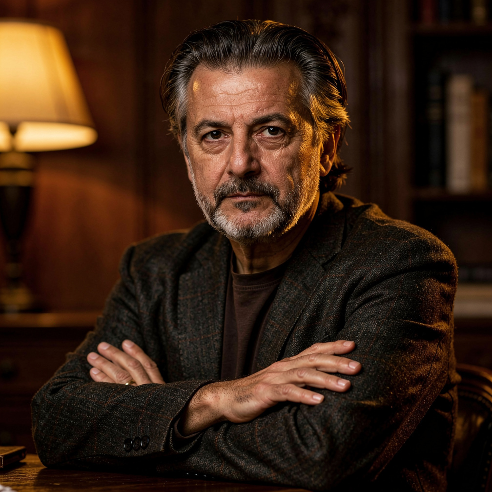 Portrait of a Croatian mystery novelist in a dim study